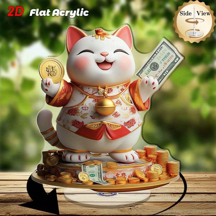 2D Flat Rotating Acrylic Desktop Decoration - Festive Fortune Cat With Coins And Dollars, Traditional Chinese Clothing Design, Indoor And Outdoor Home Office Ornament, No Power Required, Symbolizes Prosperity And Positive Energy, Cat Decoration, Interior Decor, Wealth And Good Luck, Fine Craftsmanship And Durable, 2D Flat - A - 查看 1