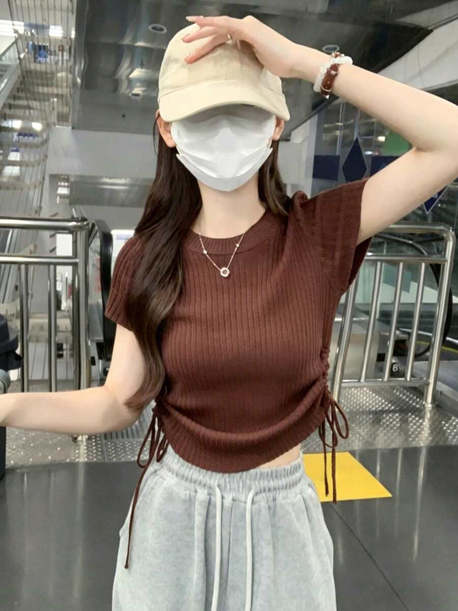 女士休闲纯色侧抽绳短袖针织上衣，夏季 - 棕色 - 查看 1