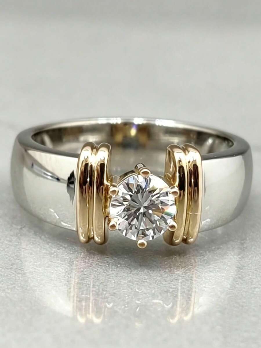 ZHIXUN 1pc Fashionable Exquisite Dual-Tone Ring Set, Inlaid With Round Synthetic Zirconia, Elegant Daily Accessory And Wedding Jewelry, Perfect Gift For Her - Ring 1 - View 1