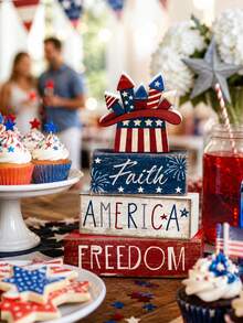 4pcs Patriotic Wooden Tiered Tray Decor, Suitable For July 4th Independence Day, Theme Of American Freedom, Red White Blue Color Tone, Independence Day Table Decor, Home Decor. Patriotic Anniversary Tiered Tray Decor, Suitable For Independence Day, Office Tiered Tray, Home Storage Rack, 250th Anniversary, Memorial Day, Veterans Day Party Decor, Home Decor, Party Supplies. - Multicolor - View 7