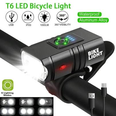 Luz Delantera para Bicicleta, Recargable por USB, con Indicador de Batería, Luz LED Impermeable, Faro para Bicicleta, Accesorios de Ciclismo