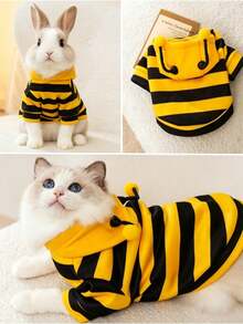 1pc Striped Bee Pattern Sweatshirt, Cute Bee Design Warm Sweatshirt Suitable For Spring And Autumn, Rabbit Pet Accessories, Rabbit Pet Supplies, Rabbit, Rabbit Pet Accessories, Rabbit Pet Supplies, Valentine's Day - Multicolor - View 4