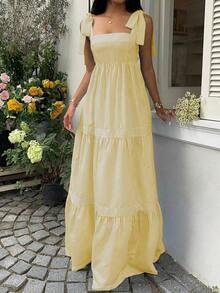 Unity Vestido maxi de corte evasé con espalda abierta y lazada, cuello cuadrado, cintura alta y rayas azules, para primavera/verano y vacaciones - Amarillo claro - Ver 4