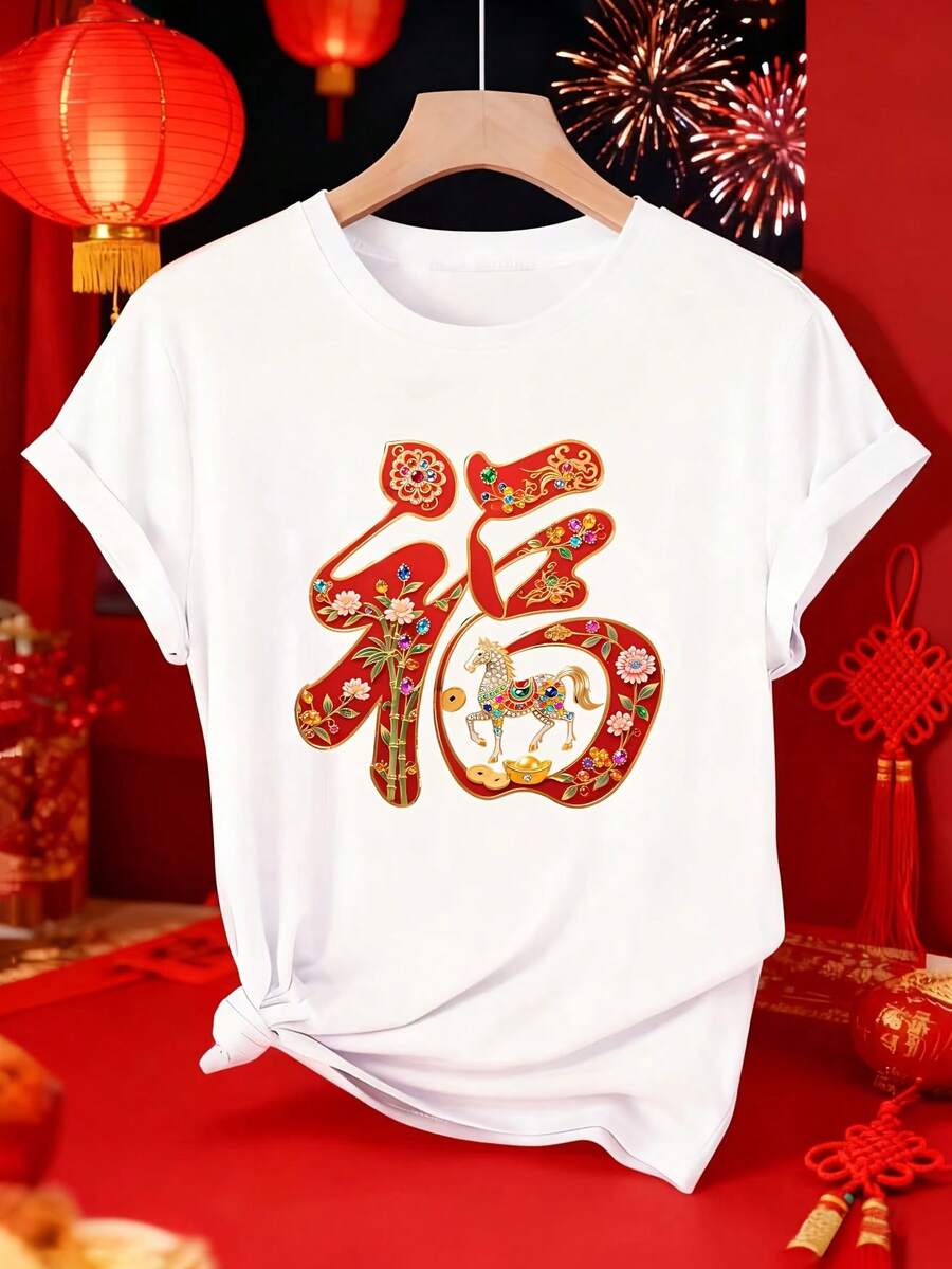 Camiseta de manga corta para mujer, estilo elegante y moderno, con diseño floral y personaje de la suerte del Año del Caballo 2026 | Cuello redondo suave y cómodo, estilo deportivo casual de primavera/verano/otoño, tallas S-XXL