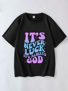 It's Never Luck, It's Always God. Plus Size Christian Women's Fun Short-Sleeve Graphic T-Shirt, Suitable For Everyday Wear, Outings, Vacations, Beach Parties, Music Festivals, Holidays, And Travel. Casual Summer Black - 黑色 - 查看 2