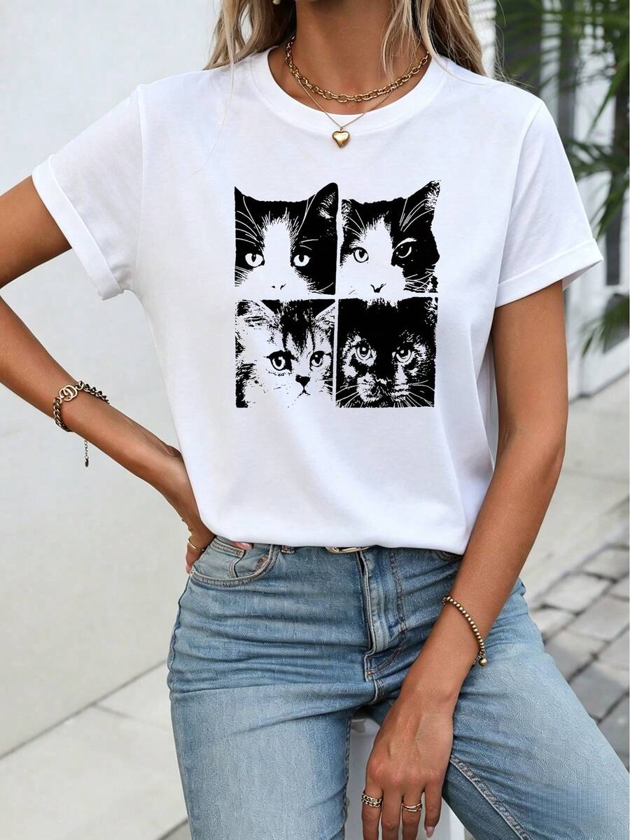 Camiseta informal de verano para mujer, cuello redondo, manga corta, corte regular, prenda versátil con estampado de gato. - Blanco - Ver 1