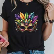 Camiseta de mujer de cuello redondo para primavera/verano con estampado de diseño creativo de festival decorativo con joyería y máscaras 'Glamorous' de Carnaval - Negro - Ver 1