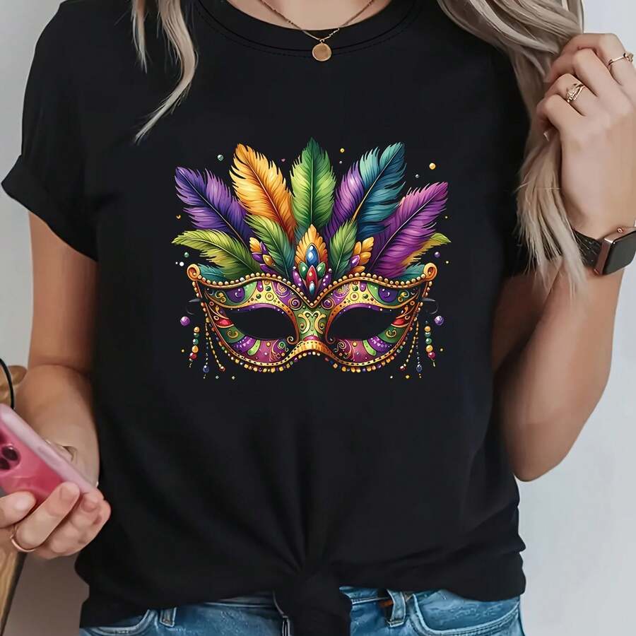 Camiseta de mujer de cuello redondo para primavera/verano con estampado de diseño creativo de festival decorativo con joyería y máscaras 'Glamorous' de Carnaval - Negro - Ver 1
