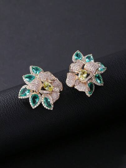 1 Pair Luxury Jewelry Style Copper Micro-Inlaid Cubic Zirconia Flower Pendant Earrings, Suitable For Evening Gowns And Party Wear
