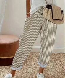 Pantalones informales con cordón de cintura elástica y estampado de rayas holgadas a la moda para mujer transfronteriza europea y americana novedad de verano - Caqui - Ver 5