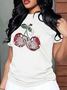 Camiseta Cuello Redondo Manga Corta Estampado Cerezas Brillos destellos cherry  MujerPure-Cotton - Blanco - Ver 1