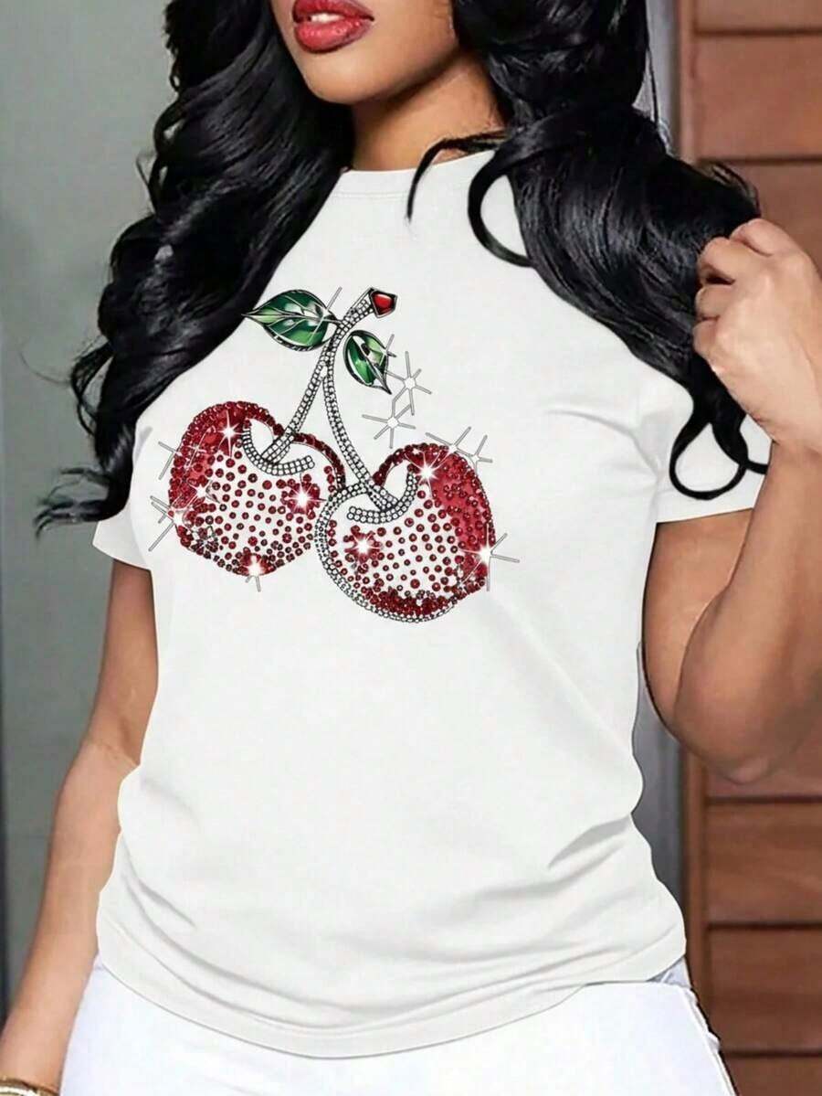 Camiseta Cuello Redondo Manga Corta Estampado Cerezas Brillos destellos cherry MujerPure-Cotton - Blanco - Ver 1