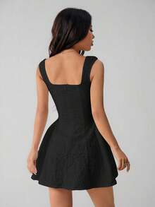 Vestido midi sin mangas de color blanco sólido para mujer, simple y casual para uso diario - Negro - Ver 2