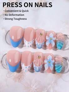 24片短款杏仁形3D凝胶美甲贴纸，珍珠花朵图案，法式美甲贴纸，短款完美贴合，包含1张双面胶贴纸和1个指甲锉 - 查看 3