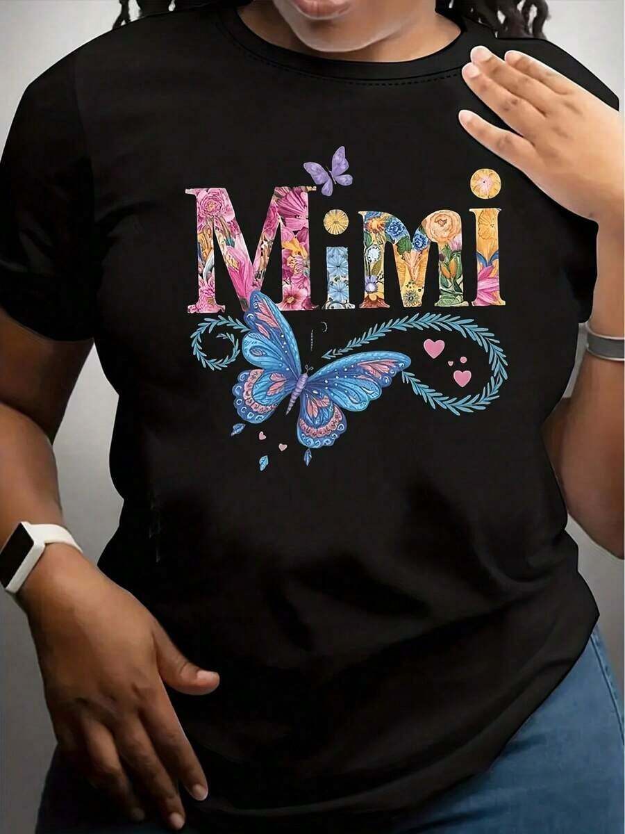 Women's Casual T-Shirt With Colorful Letters And Graphics "MIMI" - Short Sleeve Round Neck Summer Top, Pastel Pink Color And Design, Lightweight Casual Clothing For Spring/Autumn, Easy Care Essential Casual Garment For Women - 黑色 - 查看 1