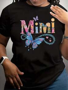 Women's Casual T-Shirt With Colorful Letters And Graphics "MIMI" - Short Sleeve Round Neck Summer Top, Pastel Pink Color And Design, Lightweight Casual Clothing For Spring/Autumn, Easy Care Essential Casual Garment For Women - 黑色 - 查看 11