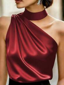 Women's Solid Color Draped Asymmetric Blouse, Suitable For Evening Dates, Spring/Summer Casual Red - Red - View 4