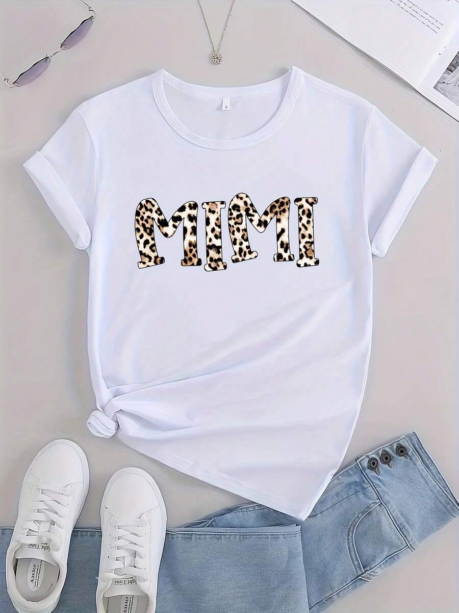 Women's Short Sleeve Cotton T-Shirt, Bold And Stylish: Mimi Graphic Leopard Print T-Shirt For Women - Perfect For Summer Sports And Casual Wear! - 白色 - 查看 1