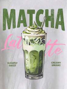 Camiseta de manga corta con cuello redondo con estampado de cartas y bebida de té matcha para mujeres - Blanco - Ver 4