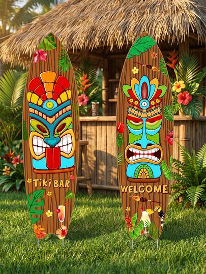 2 miếng dán sàn hình người tiền sử, cột totem Hawaii, biển chào mừng hình tượng totem Hawaii có chân đế, biển chào mừng hình ván trượt cắm sàn kiểu ván lướt sóng Polynesia - biển chào mừng thẳng đứng với hình vũ công Hawaii và cây cọ, thích hợp trang trí tiệc bãi biển, trang trí Hawaii, tiệc theo chủ đề, trang trí tiệc, trang trí nhà cửa, đạo cụ chụp ảnh.