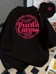 |   Diseño exquisito |   Suelto y cómodo |   Fácil de combinar | Camiseta estampada de manga corta con diseños en la parte delantera y trasera - Putuqana Resort, vacaciones 2025 - Camiseta estampada de moda para mujer, primavera/verano, ¡tu mejor elección! - Negro - Ver 1