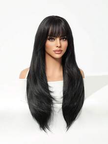 26 Inch Black Straight Wig With Bangs, Natural Looking Synthetic Hair Wig For Daily Wear, Party And Halloween - màu đen - Xem 4
