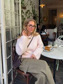 Senya 2026 Women's Pink Fuzzy Knit Sweater, Plus Size Funnel Neck Pullover, Soft Comfortable Loose Fit Long Sleeve Casual Autumn/Winter Top - Pink - View 3