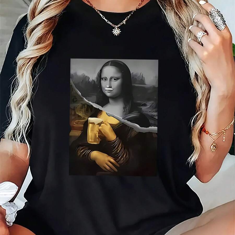 Camiseta Moderna de Mujer con Gráfico de la Mona Lisa - Blanca, Manga Corta Casual con Diseño de Gafas y Taza, Cuello Redondo Elástico para Primavera y Verano, Lavable a Máquina, Moda Inspirada en el Arte, Cada - Negro - Ver 1
