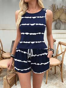 Conjunto de top y pantalones cortos sin mangas con estampado de líneas para mujer, conjunto de 2 piezas - azul profundo - Ver 3