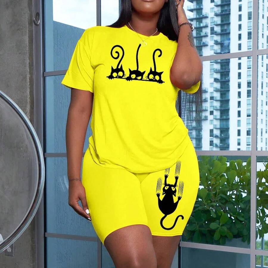 Conjunto de Dos Piezas de Ropa Casual de Verano para Mujer, Camiseta de Manga Corta con Cuello Redondo y Pantalones Cortos, Conjuntos Combinados en Oferta - Amarillo - Ver 1