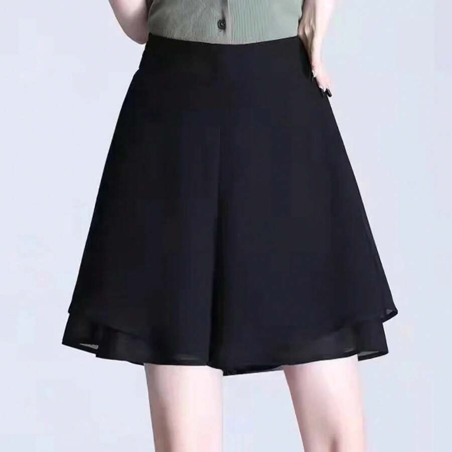 Pantalones de Cintura Alta y Pierna Ancha para Mujer, de Chifón, Sueltos, Finos, con Caída, Estilo Casual, Falda Corta, Estil... - Negro sin accesorios - Ver 1
