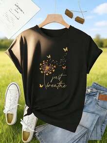Elegant Women's T-Shirt, 100% Cotton, With Graphic Print, Artistic Dandelion And Butterfly Design - Round Neck, Short Sleeve, Casual Style, Nature-Inspired Design, Comfortable, Elegant, Simple, 100% Cotton, For Summer. - 黑色 - 查看 2