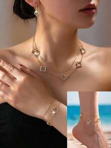 5pcs/Set Elegant Lucky Clover Necklace, Bracelet, Bangle, Ring, Anklet Jewelry Set For Women, Stylish Everyday And Festival Accessory - 黃金 8 - 查看 8