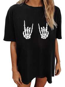 Camiseta de cuello redondo con estampado de calaveras, camiseta de verano de moda, casual, holgada y de manga corta, ropa de mujer, playeras de mujer. - Negro - Ver 3