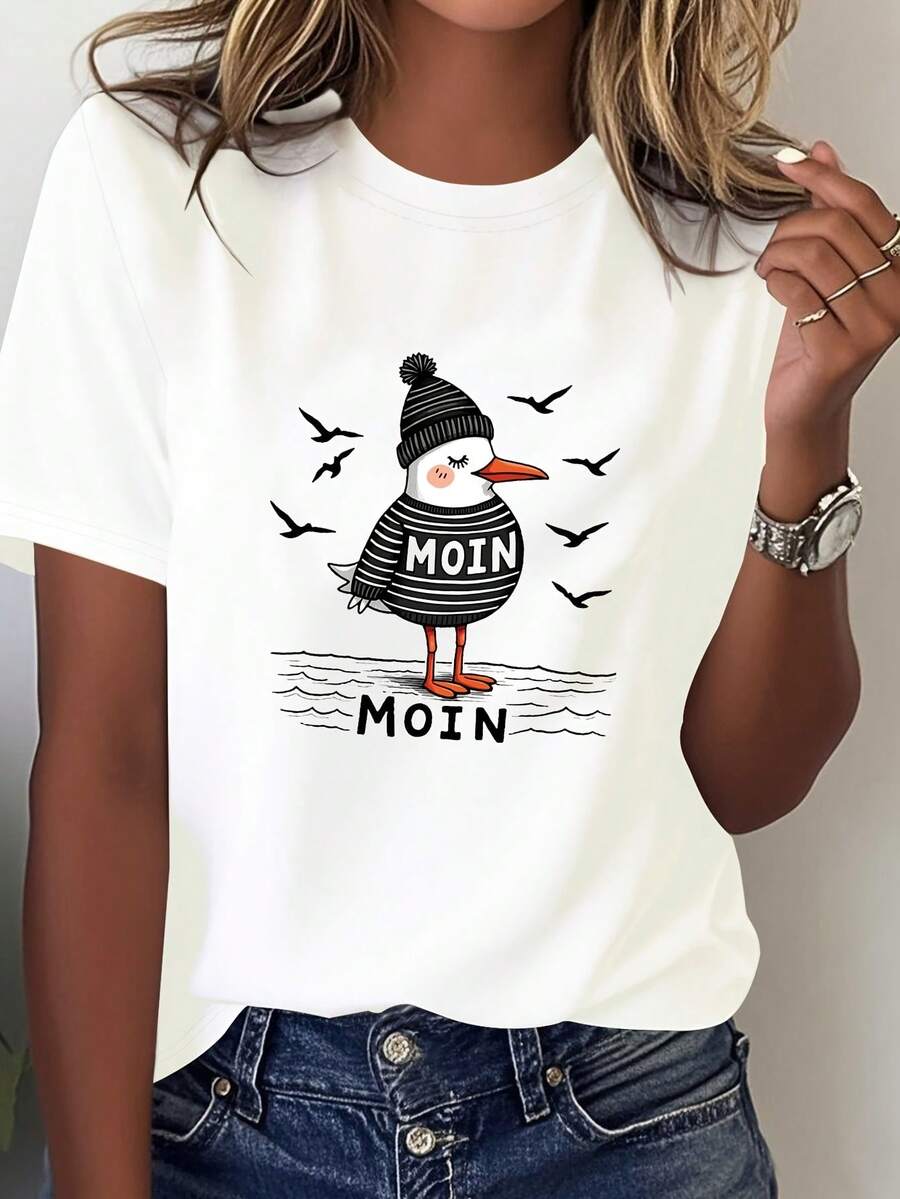 Top femenino manga corta cuello redondo en algodón puro, diseño estampado moderno, tela fresca y aireable, prenda versátil para look casual, ocasiones diarias y encuentros sociales todo el año - Blanco - Ver 1