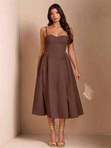 Elegante vestido largo sin mangas con manga abultada para mujer, adecuado para citas diarias, salidas, discotecas, fiestas, temporada de otoño - Marrón - Ver 3