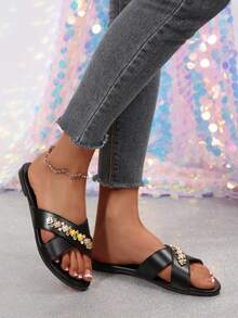Women's Summer New Delicate Colorful Rhinestone Criss-Cross Sandals, Unique Design With Colorful Square Rhinestones, Soft Sole, Non-Slip, Comfortable For Wearing, Suitable For Various Occasions Like Shopping, Dating, Commuting, Beach, Vacation, Daily Walking - Black - View 4