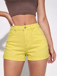 Shorts vaqueros casuales con bolsillos y puños para mujer - Amarillo - Ver 6