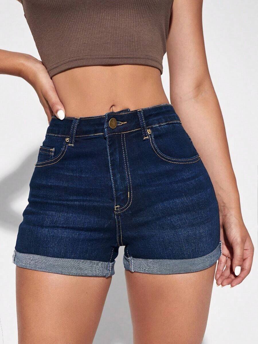 Shorts en mezclilla con cremallera bajo doblado - Azul lavado oscuro 4 - Ver 1