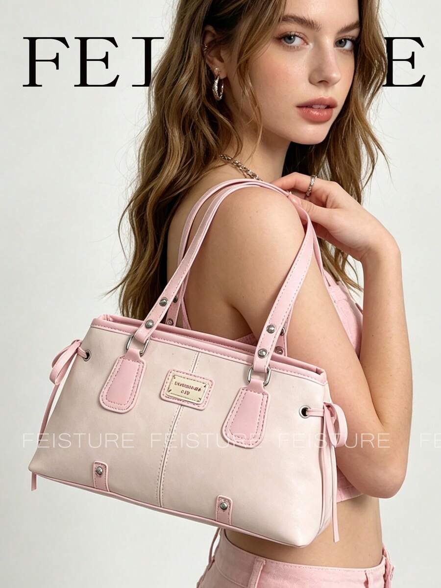 1pc FEISTURE Fashion Shoulder Underarm Bag, Large Capacity Women's Tie Commuter Bag, Suitable For Daily Outings, Dates, And Commuting - Pink - View 1