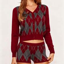 Spring & Autumn Vintage Elegant Women 2-Piece Knit Set, Long Sleeve Cardigan And Shorts, Diamond Pattern Jacquard Button Design, Comfortable Stretchy Casual Homewear And Outdoor Wear - Chocolate Brown - View 4