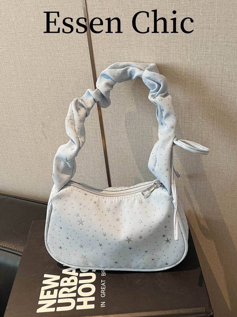 1个蓝色春季新款星形装饰尼龙法棍包,女士褶皱单肩腋下包 - 藍色 - 查看 1