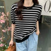 Suéter de punto para mujer, jersey de punto con cuello redondo y manga corta, tops de punto para mujer, nuevo suéter a rayas femenino Q3443 - Raya negra - Ver 1