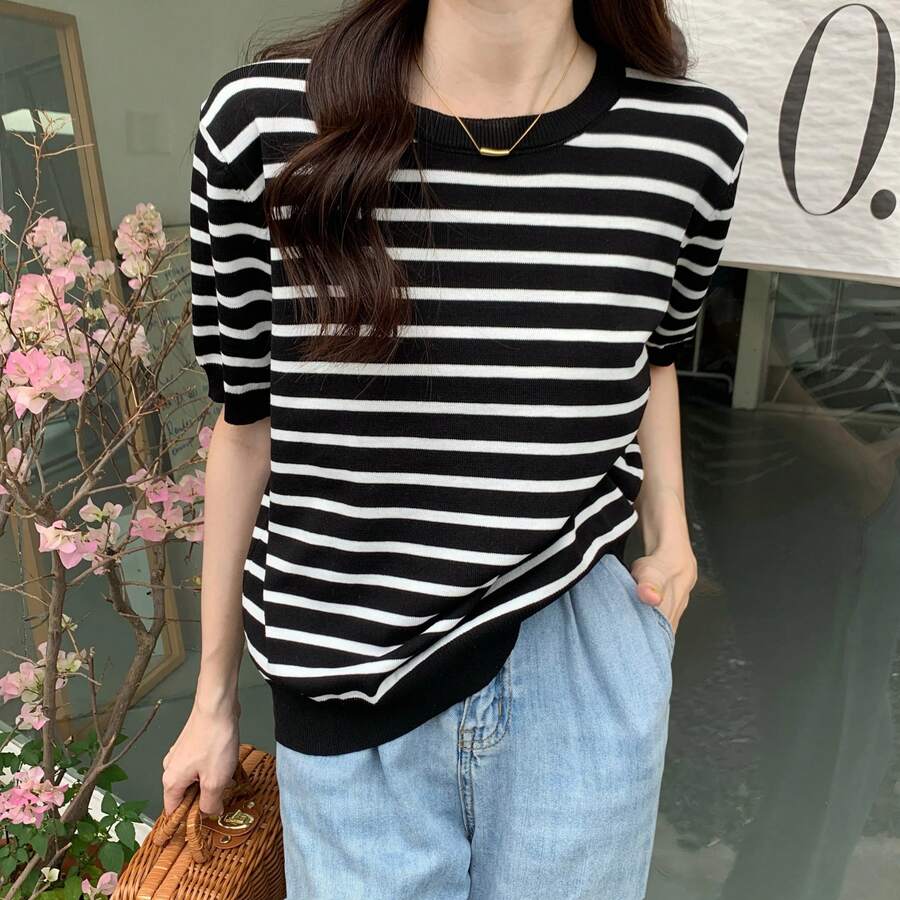Suéter de punto para mujer, jersey de punto con cuello redondo y manga corta, tops de punto para mujer, nuevo suéter a rayas femenino Q3443 - Raya negra - Ver 1
