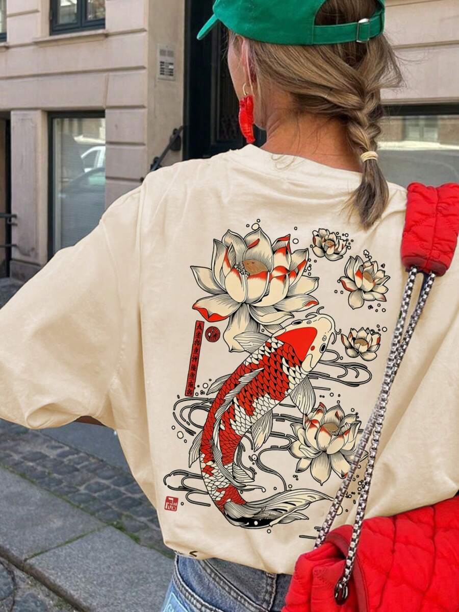 女士夏季字母印花圆领短袖T恤，休闲宽松百搭度假风上衣，时尚日常穿着 - 杏色 - 查看 1