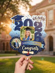 1 pieza Accesorio de foto personalizado para graduación, Cartel de mano personalizado azul y dorado 2026, Accesorio de cartón para selfie, Regalo de graduación universitaria/secundaria, Favor de fiesta - Azul - Ver 4