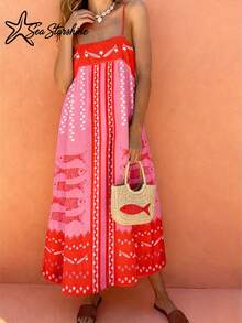 Starfish Shining New Spring/Summer Fashion Casual Elegant Bohemian Style Sleeveless Maxi Dress, Collarless Satin Long Dress, Regular Women's Apparel - Pink - View 3