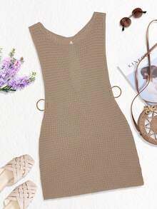 Plus Size Women's Summer Bohemian Sexy Hollow Out Casual Sheer Sleeveless Fitted Backless Design Coverup Dress, Khaki Vacation Beach - Khaki - View 6