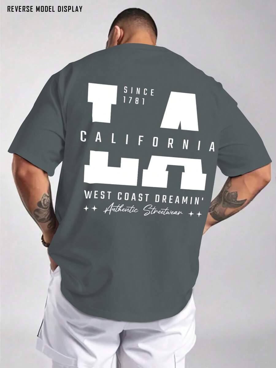 Camiseta Casual de Moda para Hombre - 100%, Corte Regular, Manga Corta, Cuello Redondo, Estampado California LA West Coast Estilo Urbano Americano, Diseño de Estampado de Moda de , Perfecta para Streetwear o Estilo Diario, O Como Regalo - Gris Oscuro - Ver 1