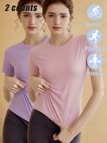Set de 2 camisetas de manga corta de unicolor con estampado de letras, de lujo, aptas para fitness, yoga, running y uso casual, de estilo minimalista y versátil para el verano - Multicolor - Ver 1
